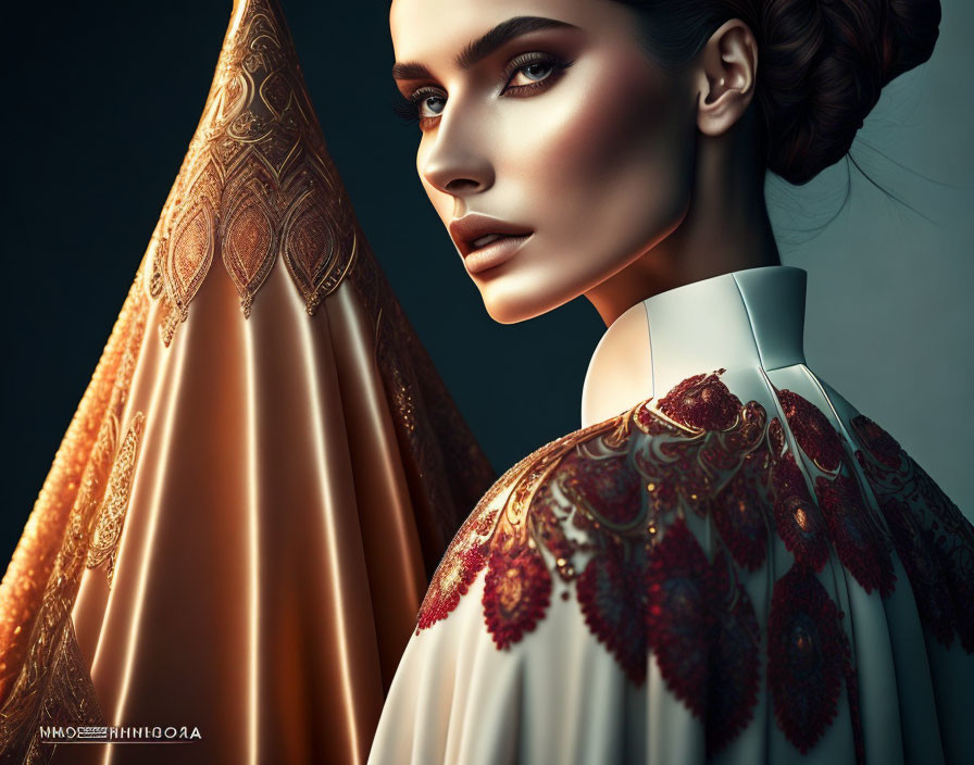 Digital artwork featuring woman with sleek bun and ornate high-collared garment