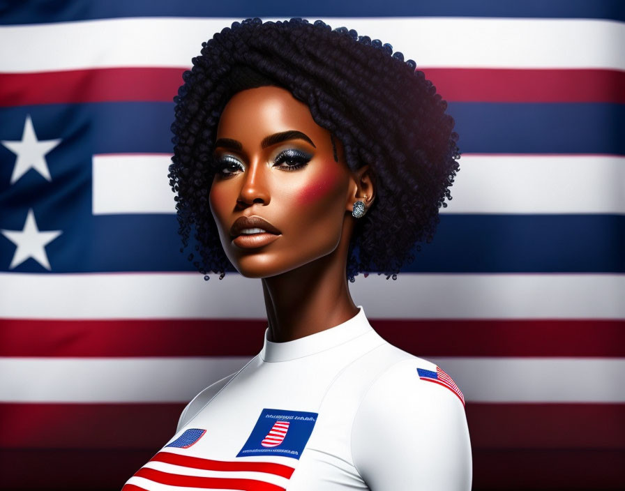 Digital illustration: Woman with striking makeup and curly hair against American flag backdrop in white top with USA insign