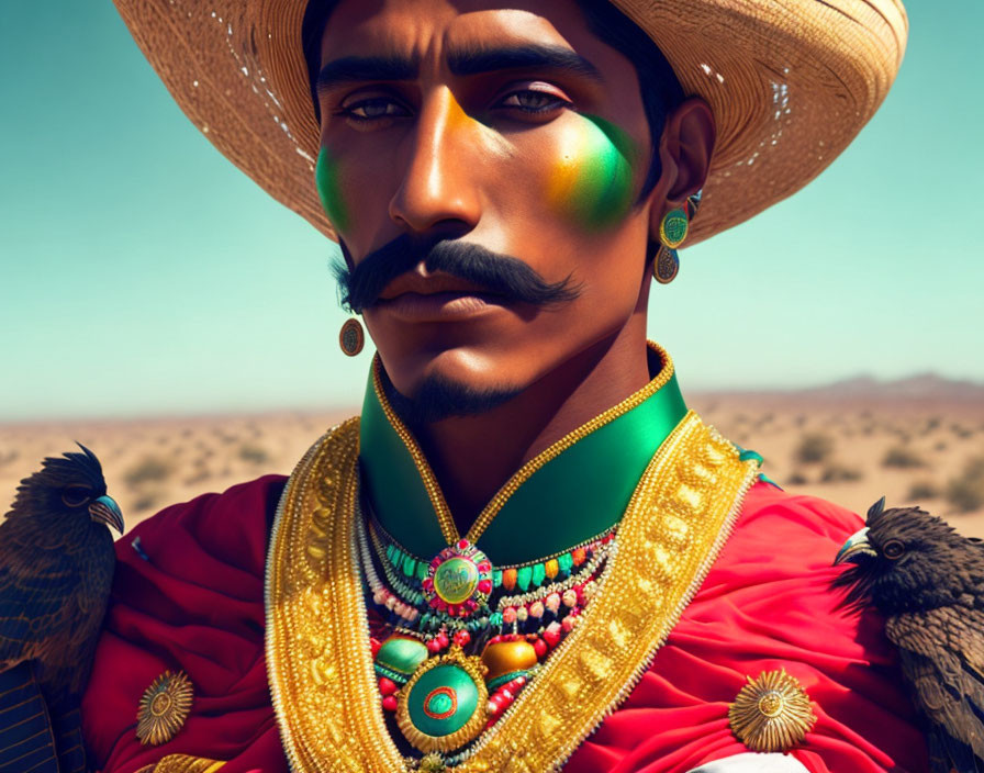 Man with sombrero, ornate jewelry, and painted face in desert with birds
