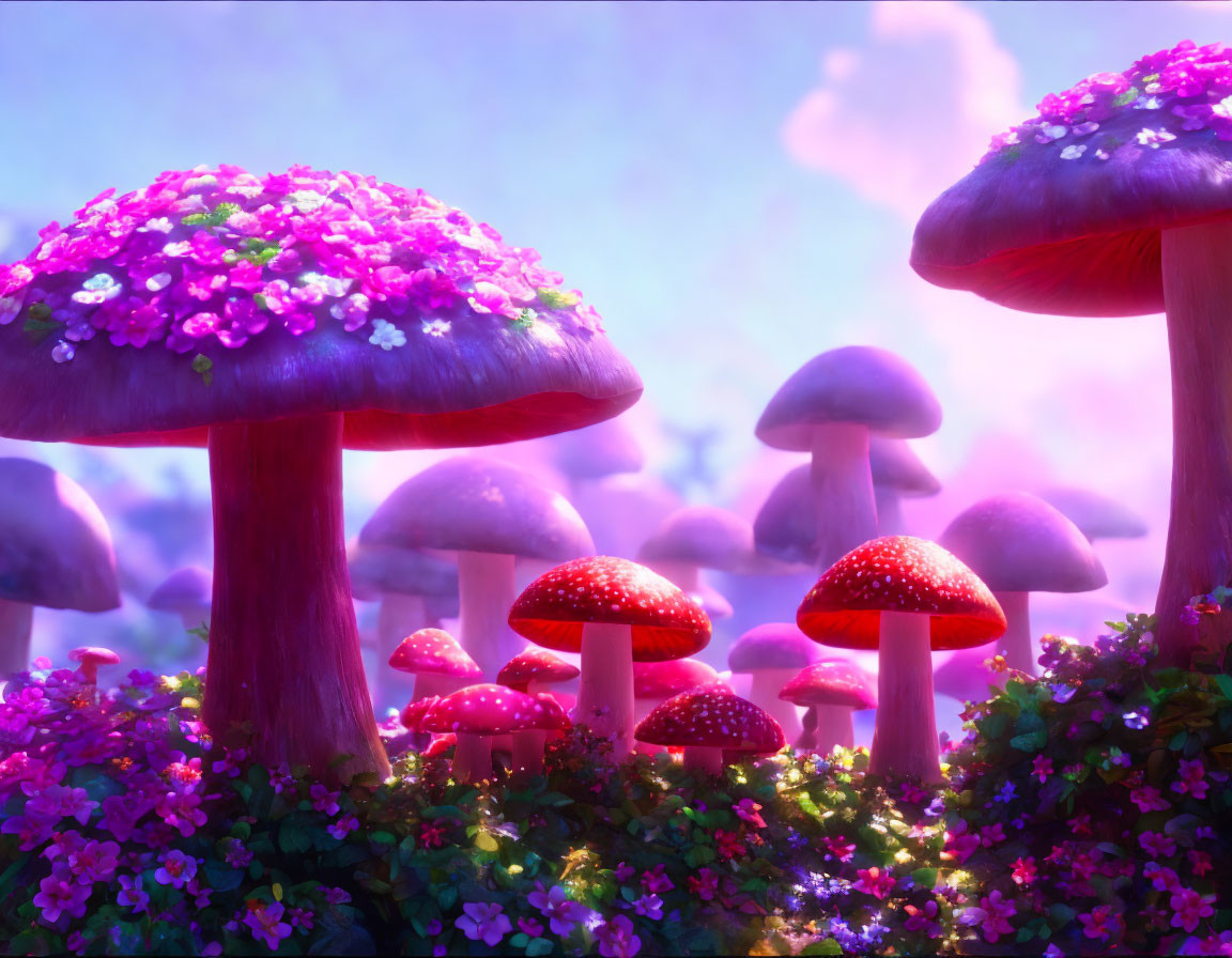 Colorful Fantasy Landscape with Oversized Mushrooms and Flowers in Purple Sky