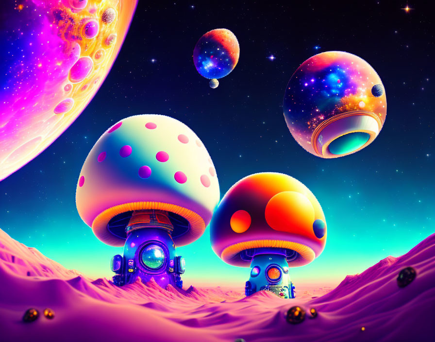 Colorful alien landscape with mushroom-shaped structures under a starry sky.
