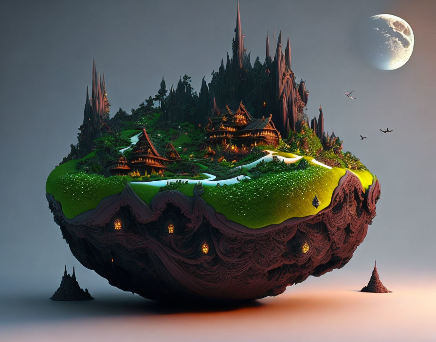 Fantastical floating island with greenery, houses, castles, and moonlit sky.