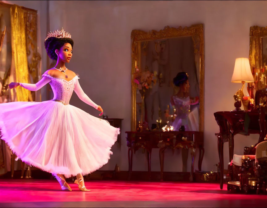 Graceful ballerina in white dress dancing in elegant room