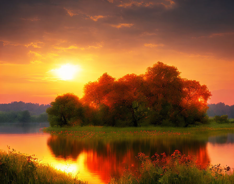 Tranquil Lake Sunset with Orange Hues, Tree Silhouettes, and Shoreline Flowers