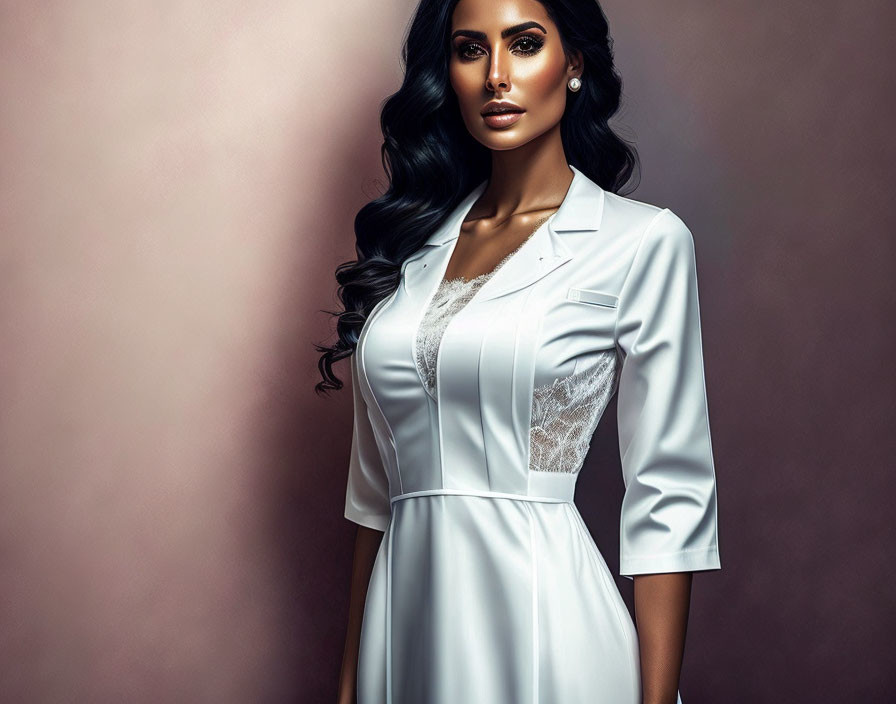 Dark-Haired Woman in White Blazer Dress with Lace Detailing