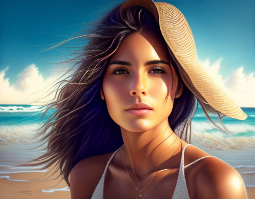 Digital artwork of woman with sun hat on beach, hair blowing, ocean backdrop
