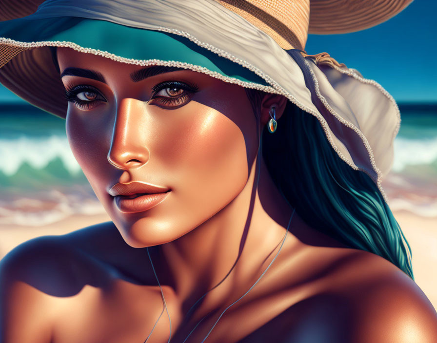 Woman with teal hair and sunhat in beach digital art