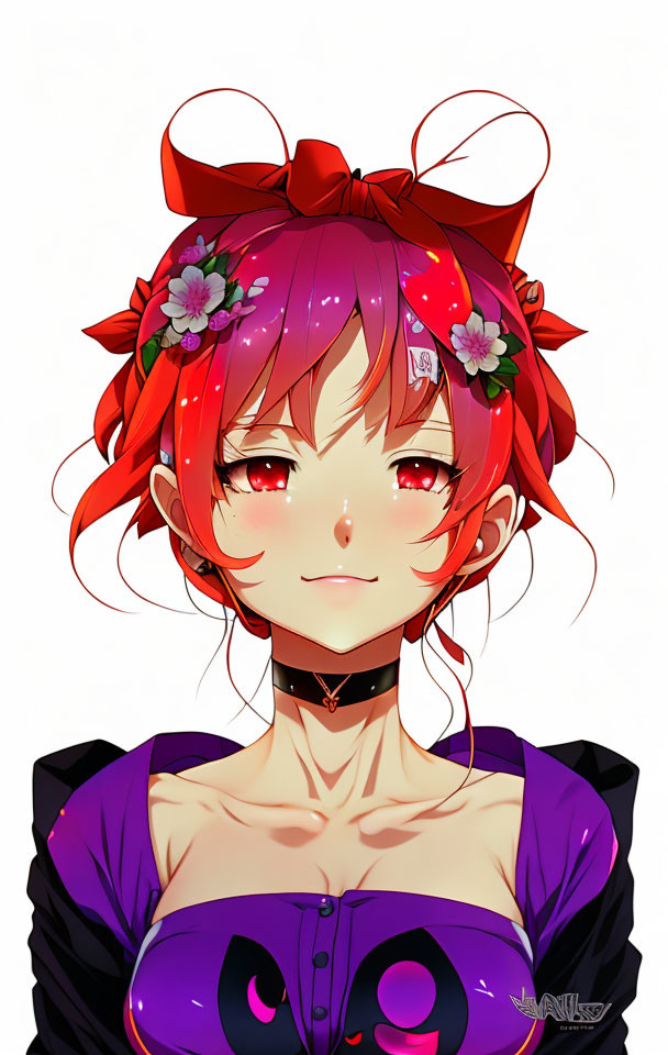 Character illustration with red hair, bow, flowers, glowing blush, choker, purple top, cute