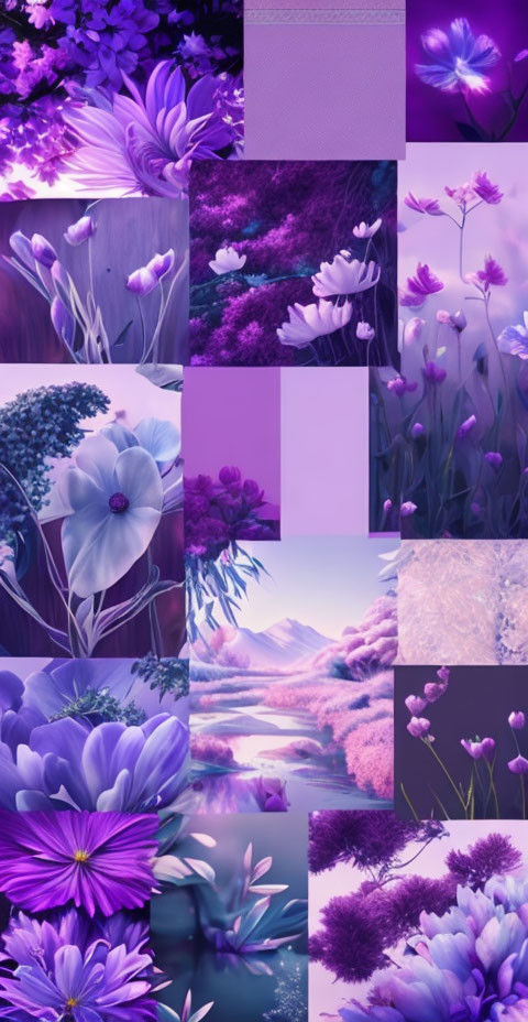 Purple Flower and Landscape Collage with Varied Textures and Light