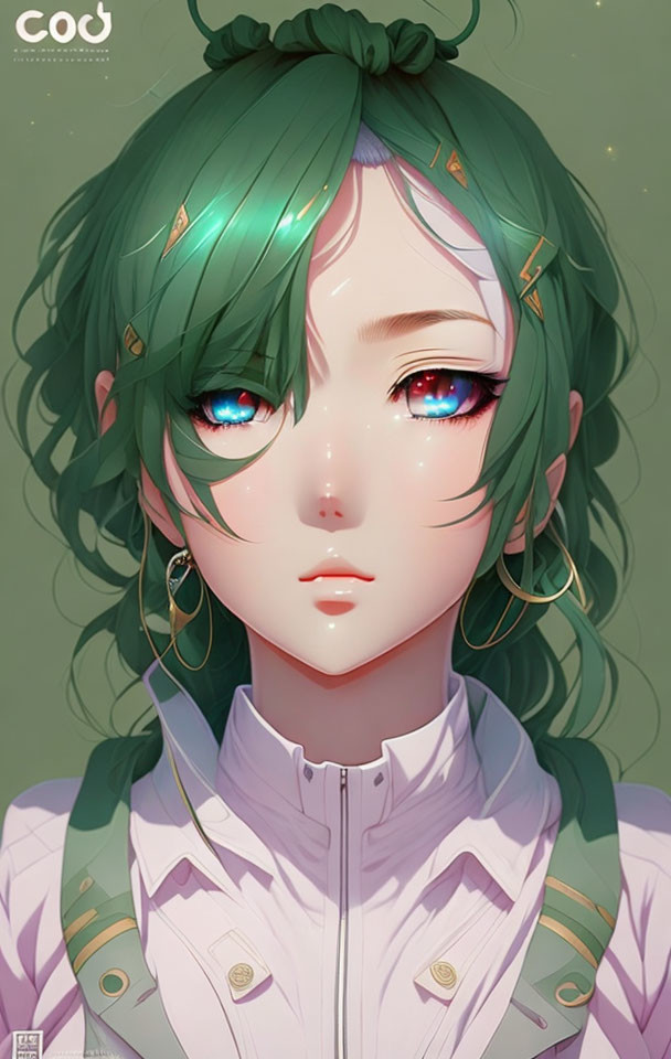 Anime-style character with glowing blue eyes and curly emerald hair in white and lilac jacket