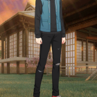 Dark-haired male character in anime style standing in autumn forest with headphones and casual jacket
