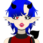 Blue-haired anime character with cat and elf ears in red outfit and choker