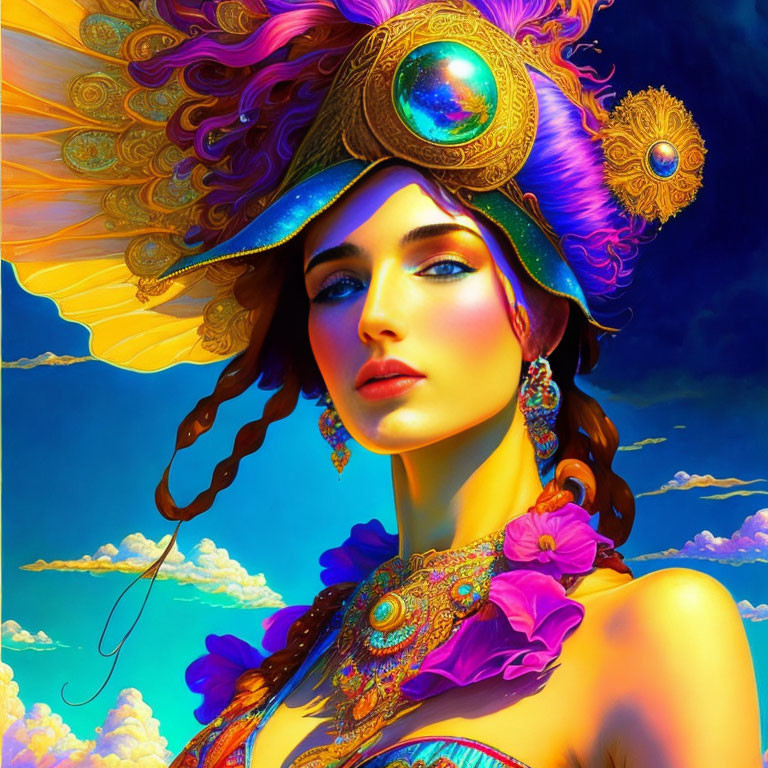 Colorful digital portrait of a woman with turquoise and gold headwear and intense blue eyes.