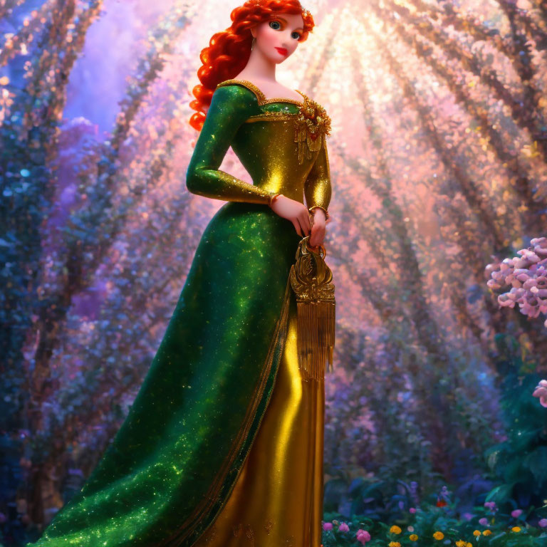 Curly Red-Haired Animated Character in Enchanted Garden