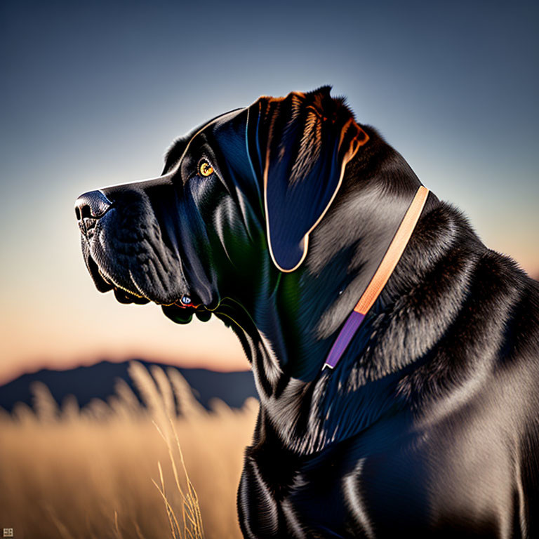 Glossy black dog with colorful collar in natural setting at golden hour