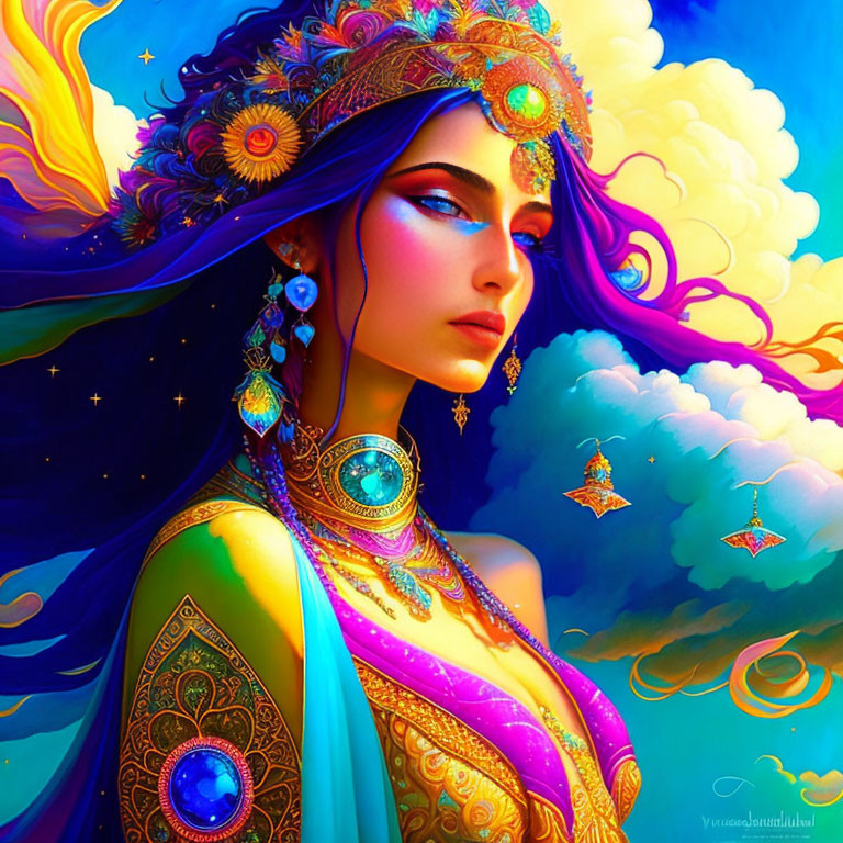 Colorful illustration: Woman with blue skin in ornate gold jewelry, against dreamy sky.