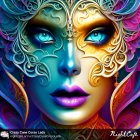 Symmetrical ethereal female face with colorful patterns and ornate features
