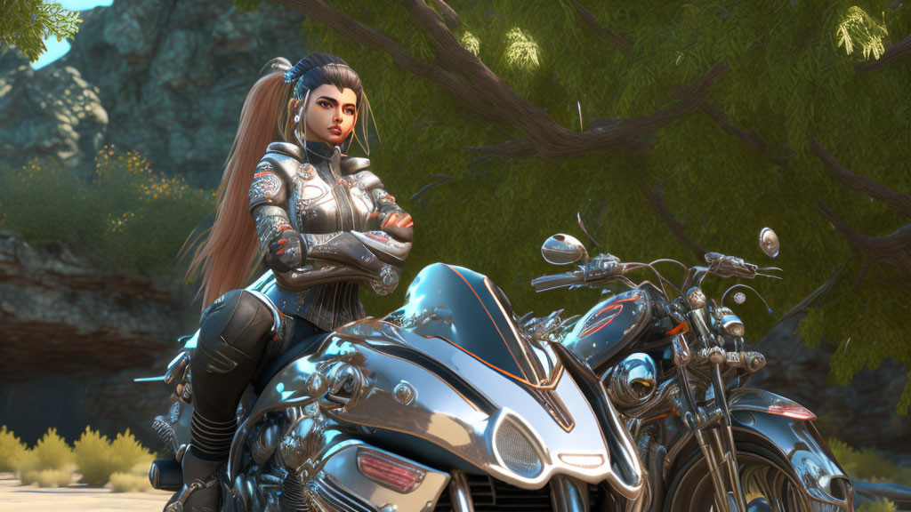 Futuristic armored woman with high ponytail by motorcycle in rocky setting