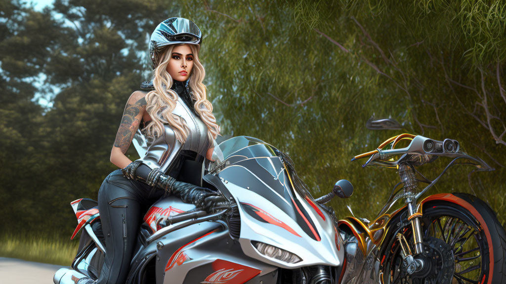 Tattooed woman on racing motorcycle with lush greenery background