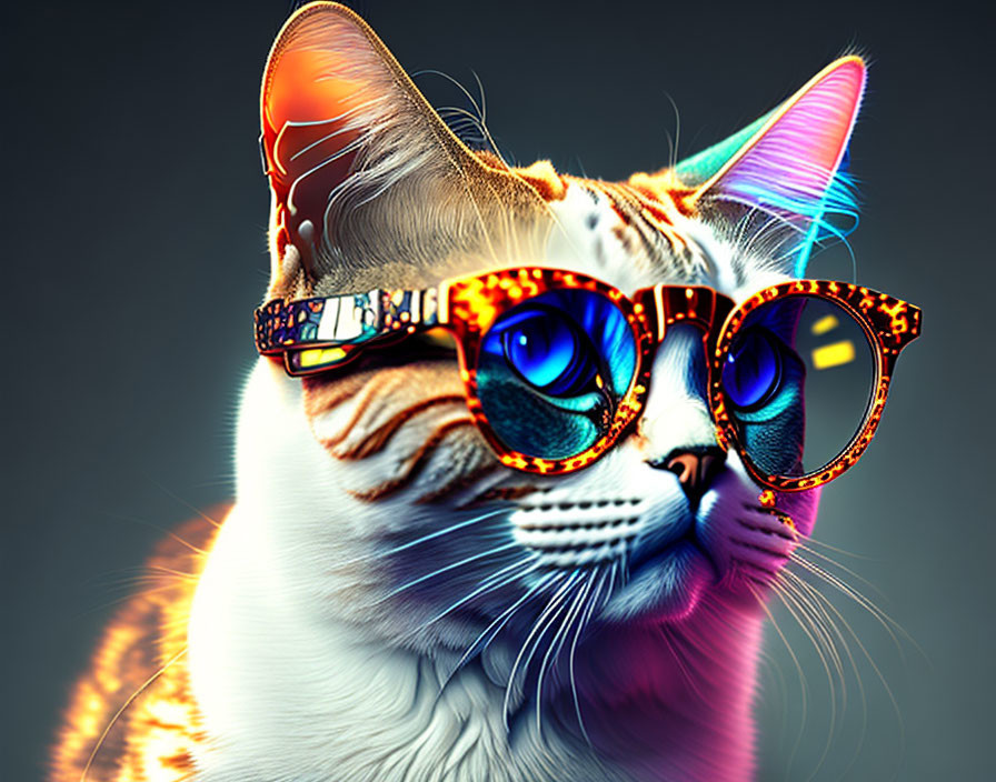 Stylized digital artwork of a cat with blue eyes and orange glasses on gray background