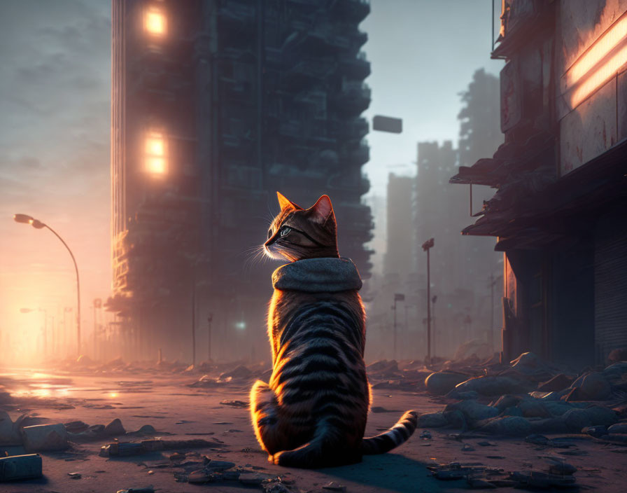 Cat in scarf on deserted street at sunset with tall buildings and debris
