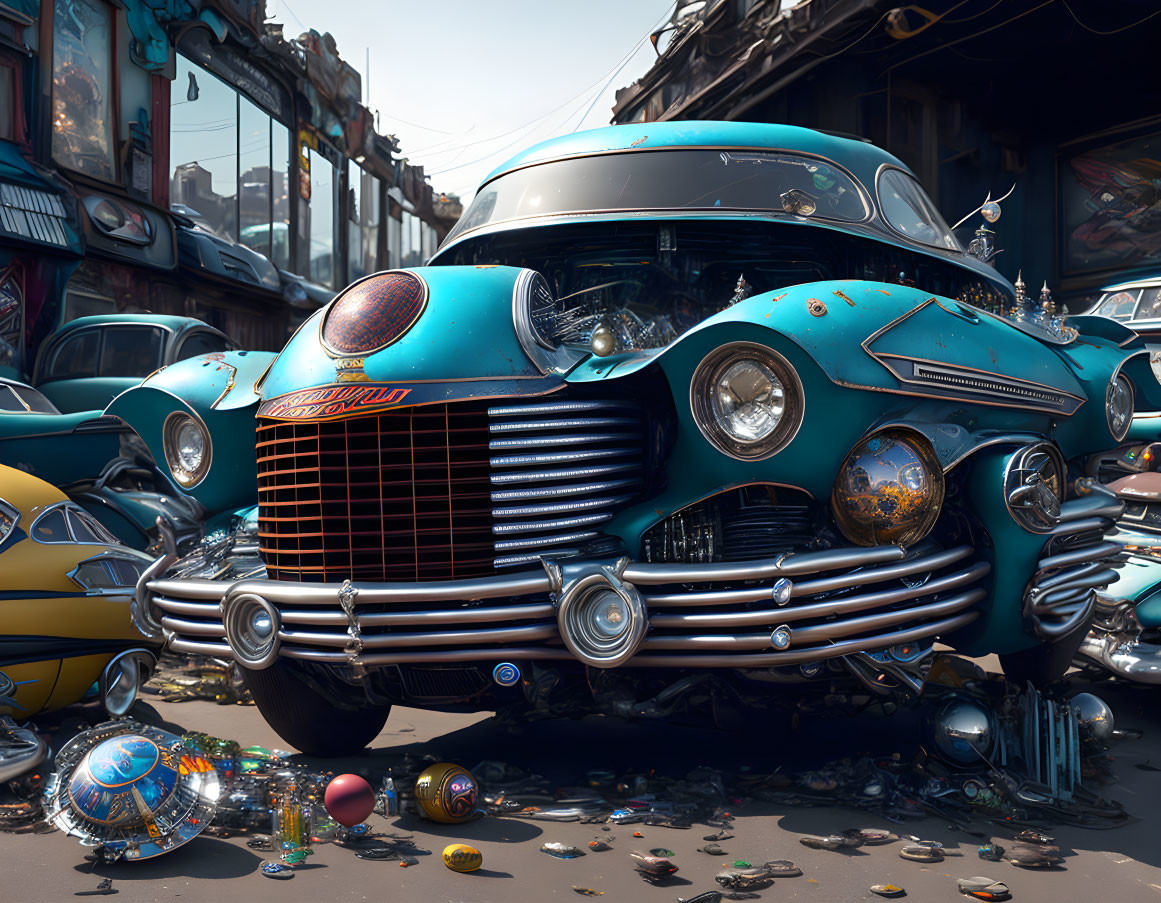 Vintage Turquoise Car with Chrome Grill in Urban Setting surrounded by Futuristic Gadgets and Scrap Metal