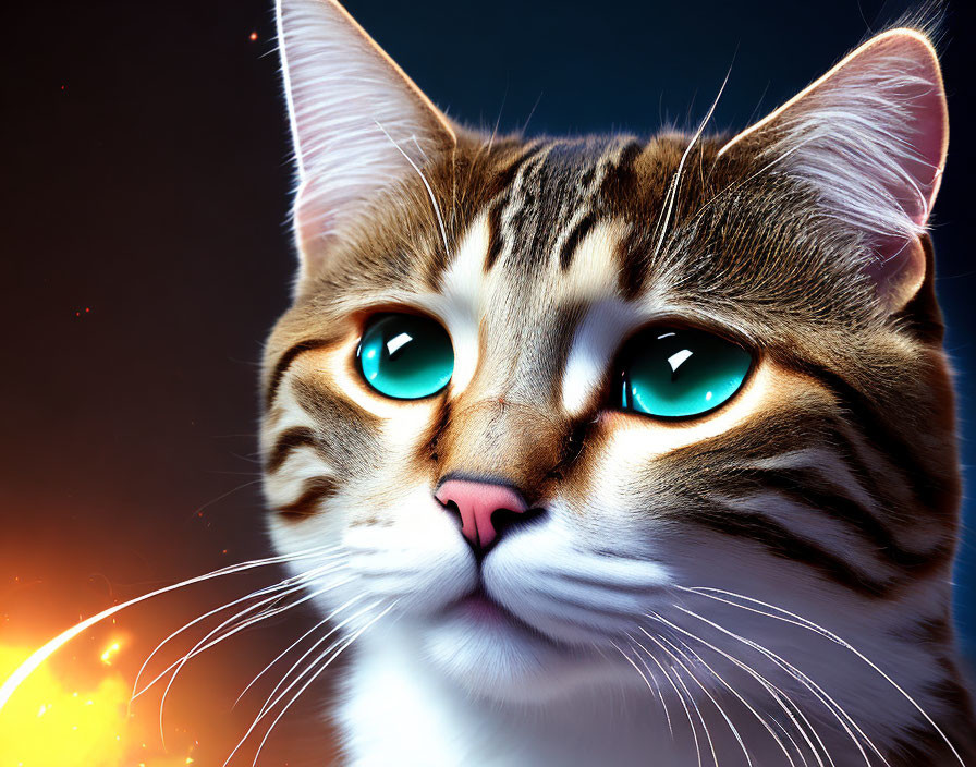 Close-Up Cat with Striking Blue Eyes Against Glowing Celestial Backdrop
