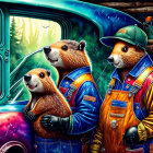 Colorful Garage with Three Anthropomorphic Beavers in Mechanic Outfits