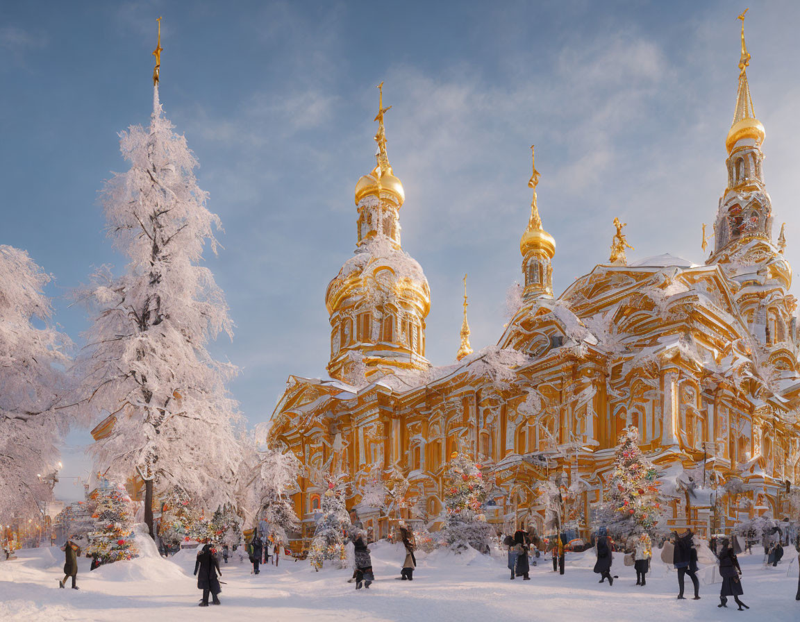 Winter scene with snow-covered trees and golden-domed cathedral.