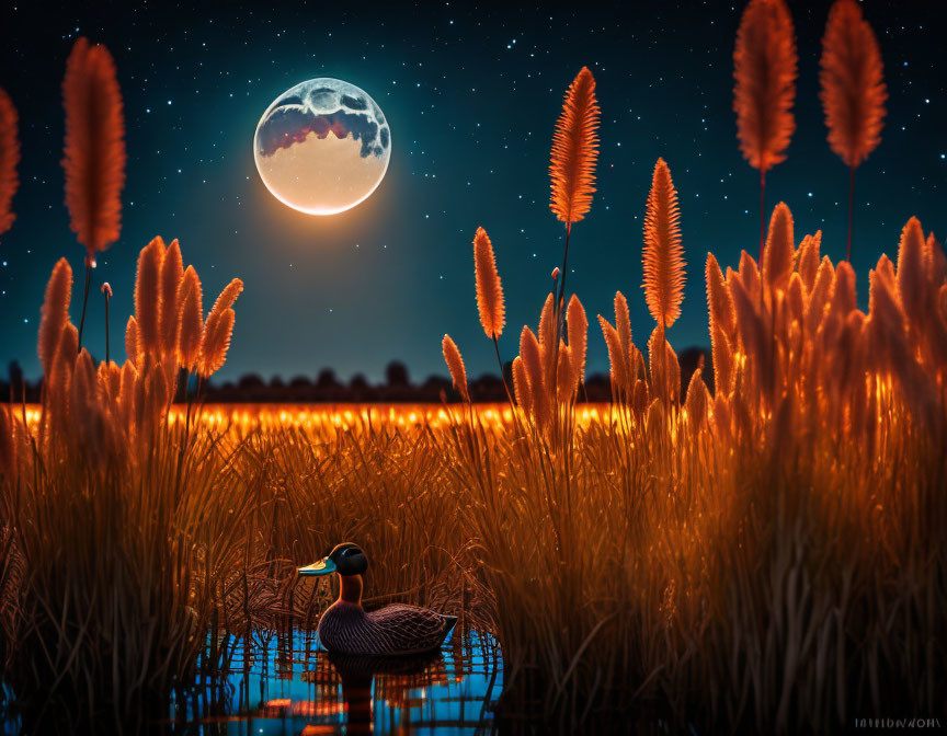  A duck hidden in red reeds under moonlight 