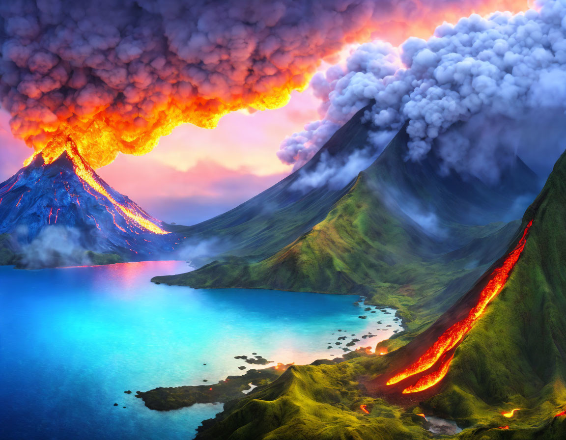 Volcanic eruption with lava flowing into blue sea and ash-filled sky