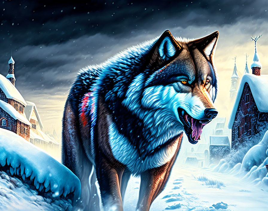 Illustrated wolf in wintry village scene with snowy landscape