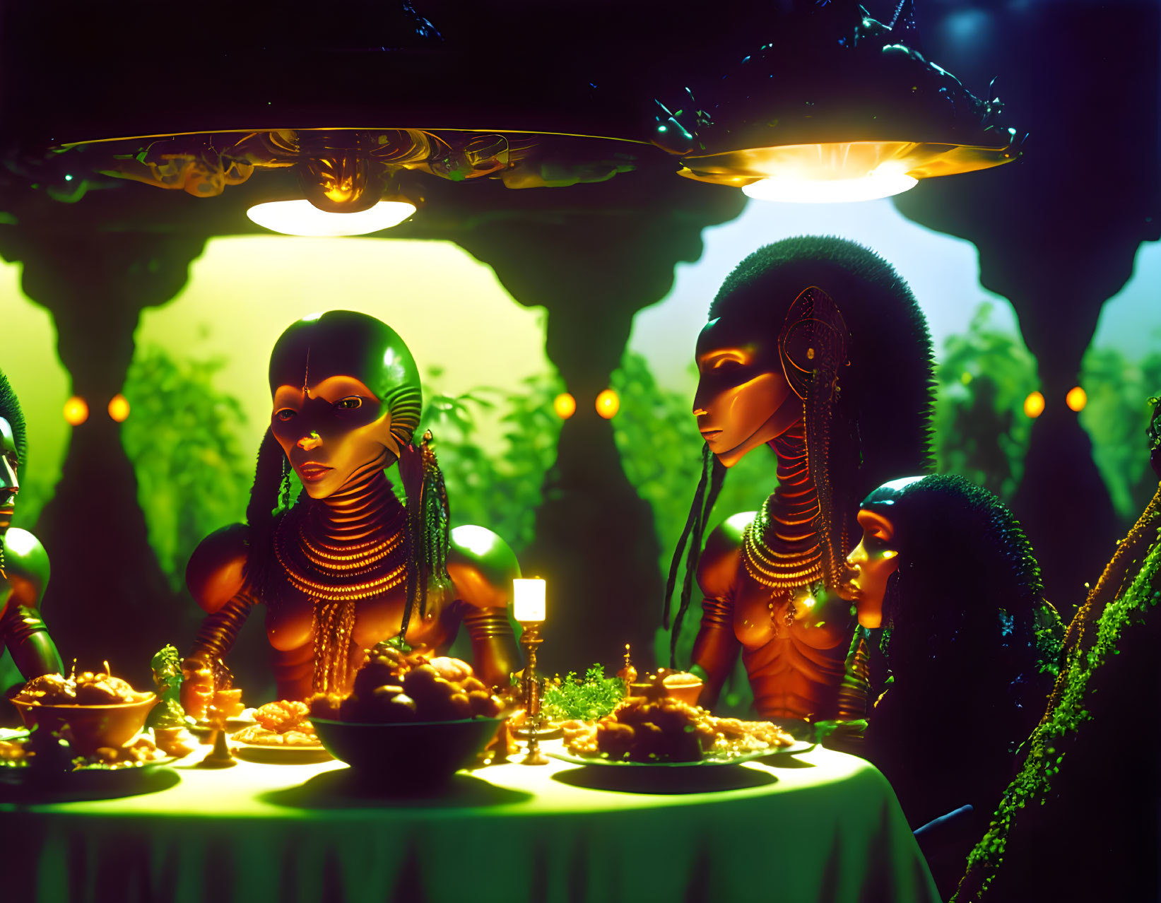 Aliens have a dinner with a local tribes in Latin 