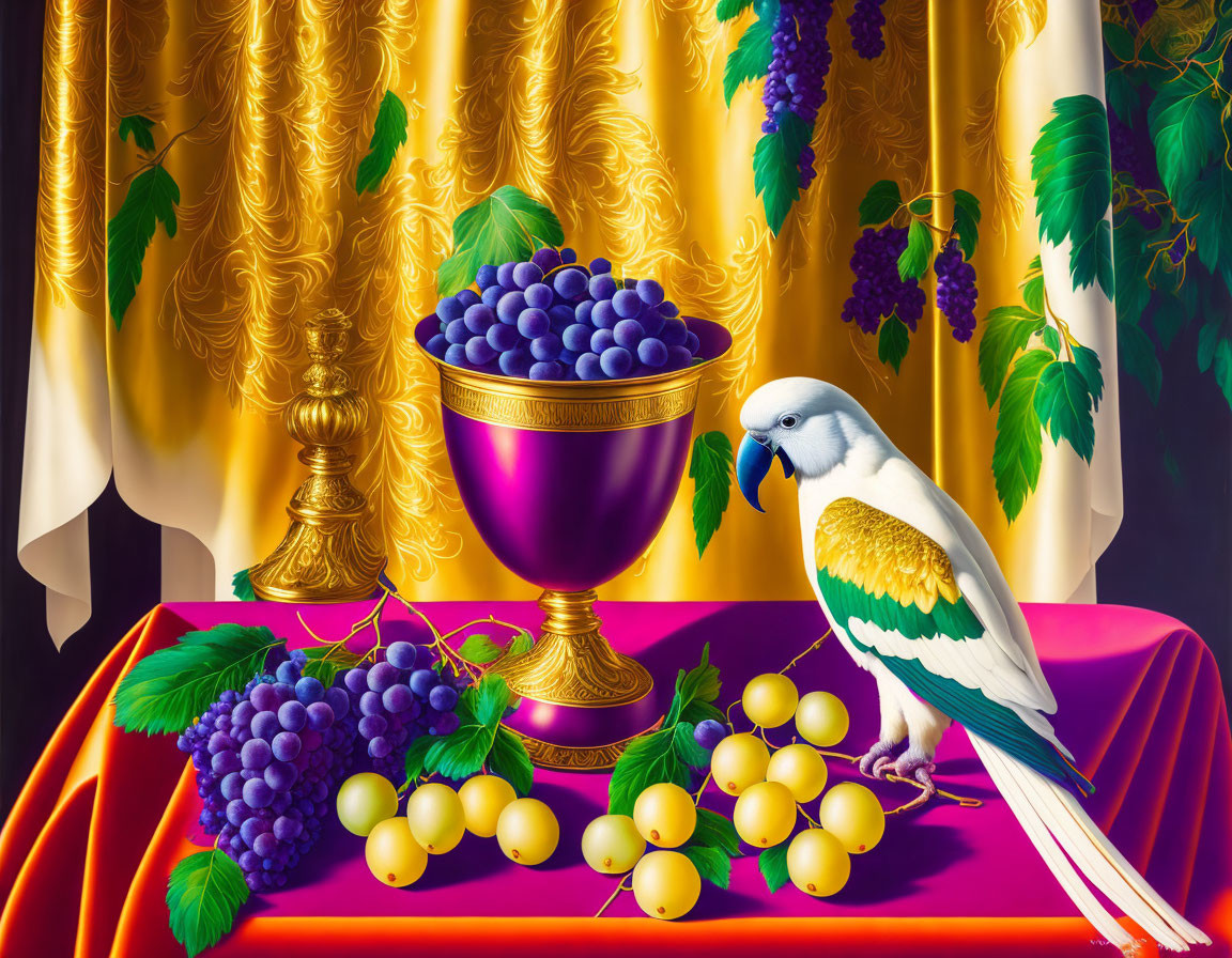 White parrot peck grapes from a golden vase