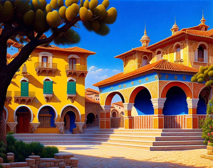 Vibrant Spanish-style villa with blue tilework and yellow walls