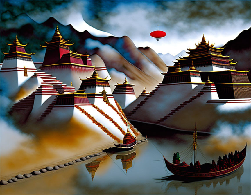Large beautiful kite flying above temples in Tibet