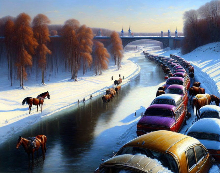 Traffic jam on the winter road