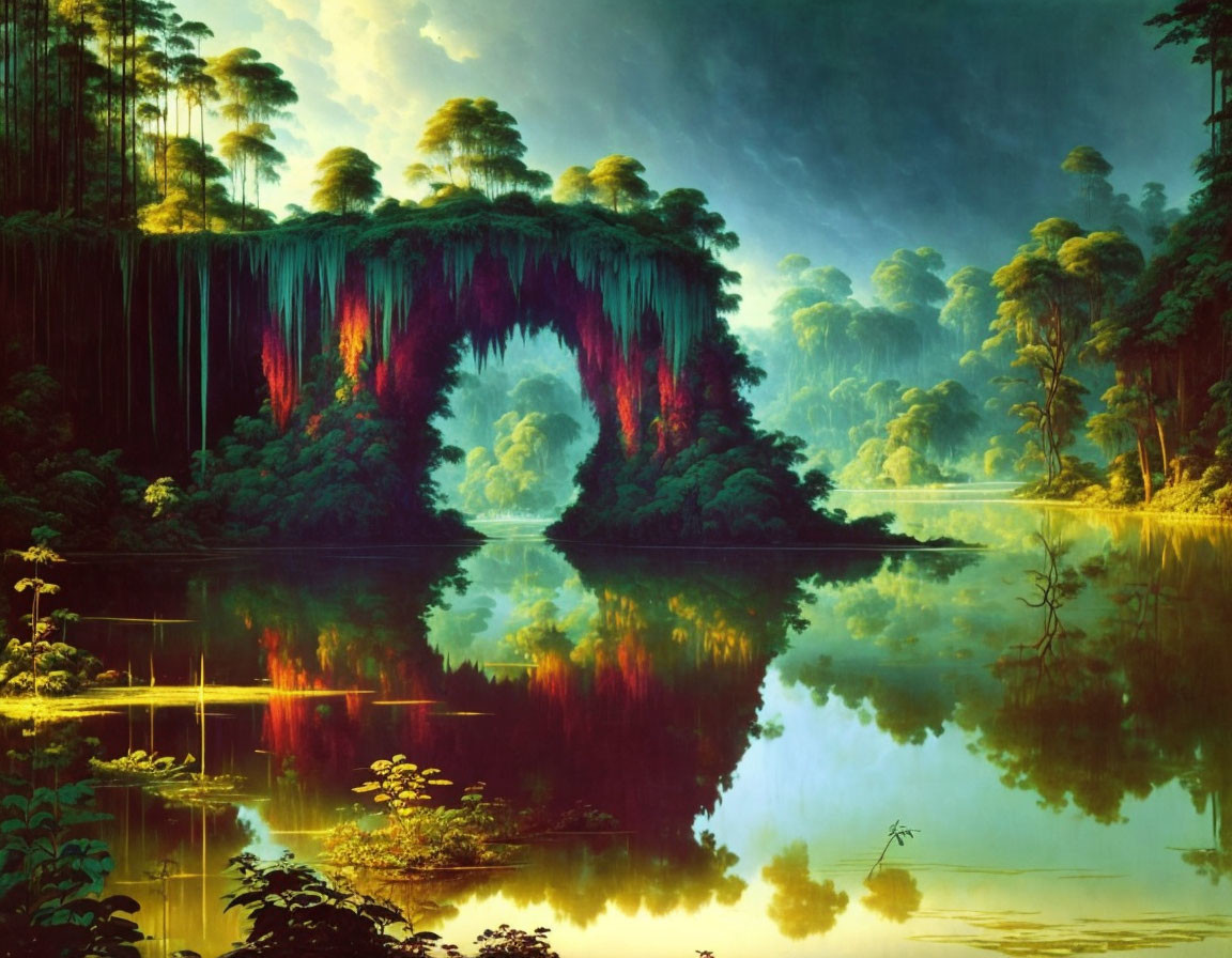 Tranquil fantasy landscape with lush forest, calm lake, and natural archway