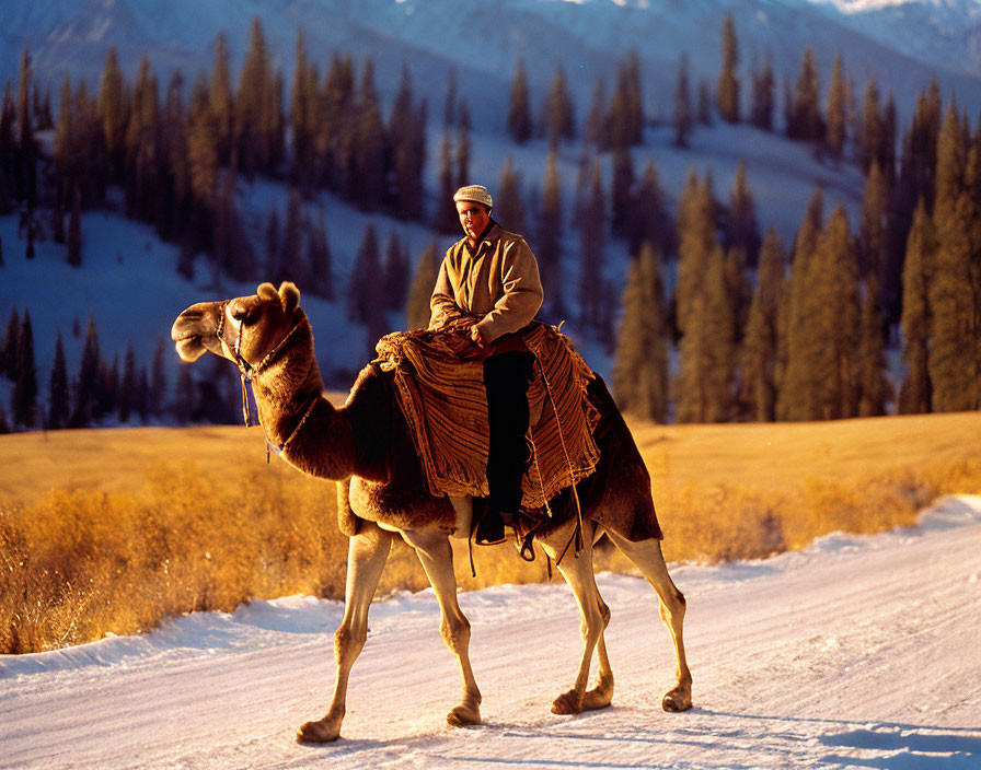 Camel rider on snowy path with golden-lit mountains at dusk