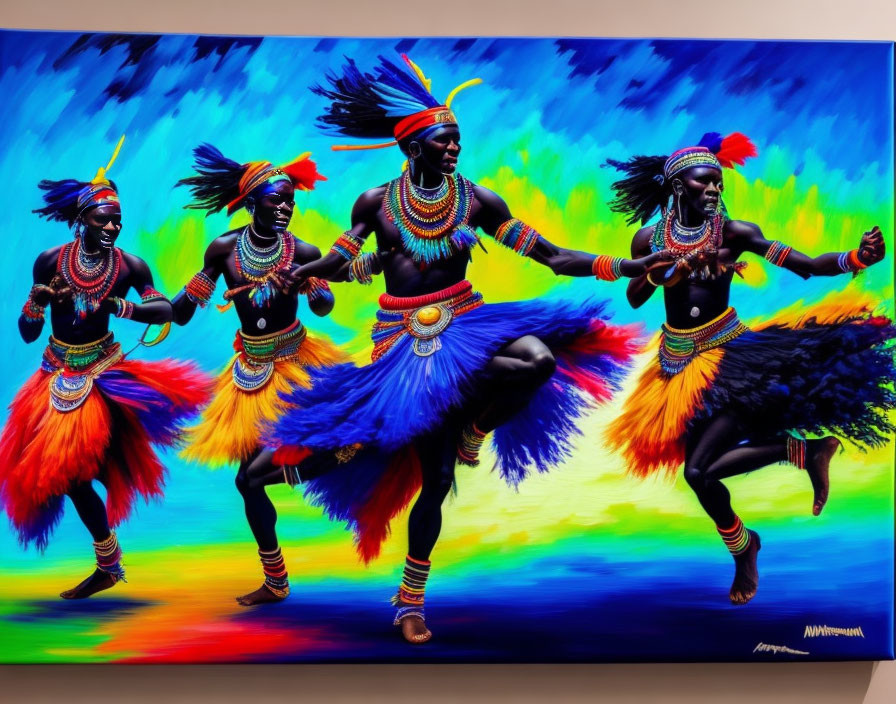 Four dancers in vibrant African attire against multicolored backdrop