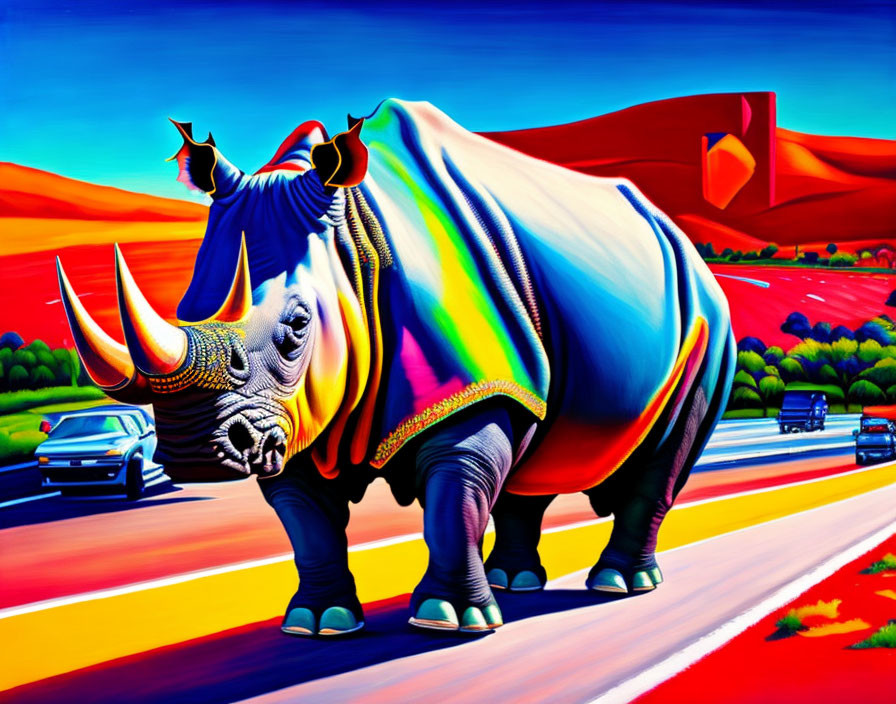 A rhinoceros regulating road traffic