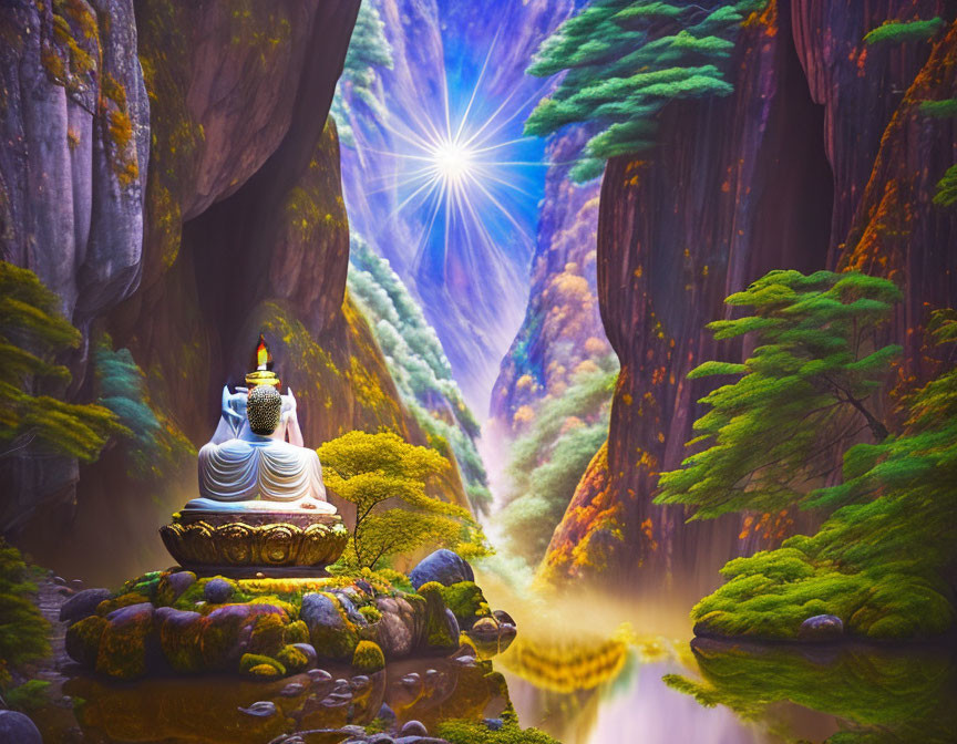 Buddha searching enlightment in a mountain gorge 