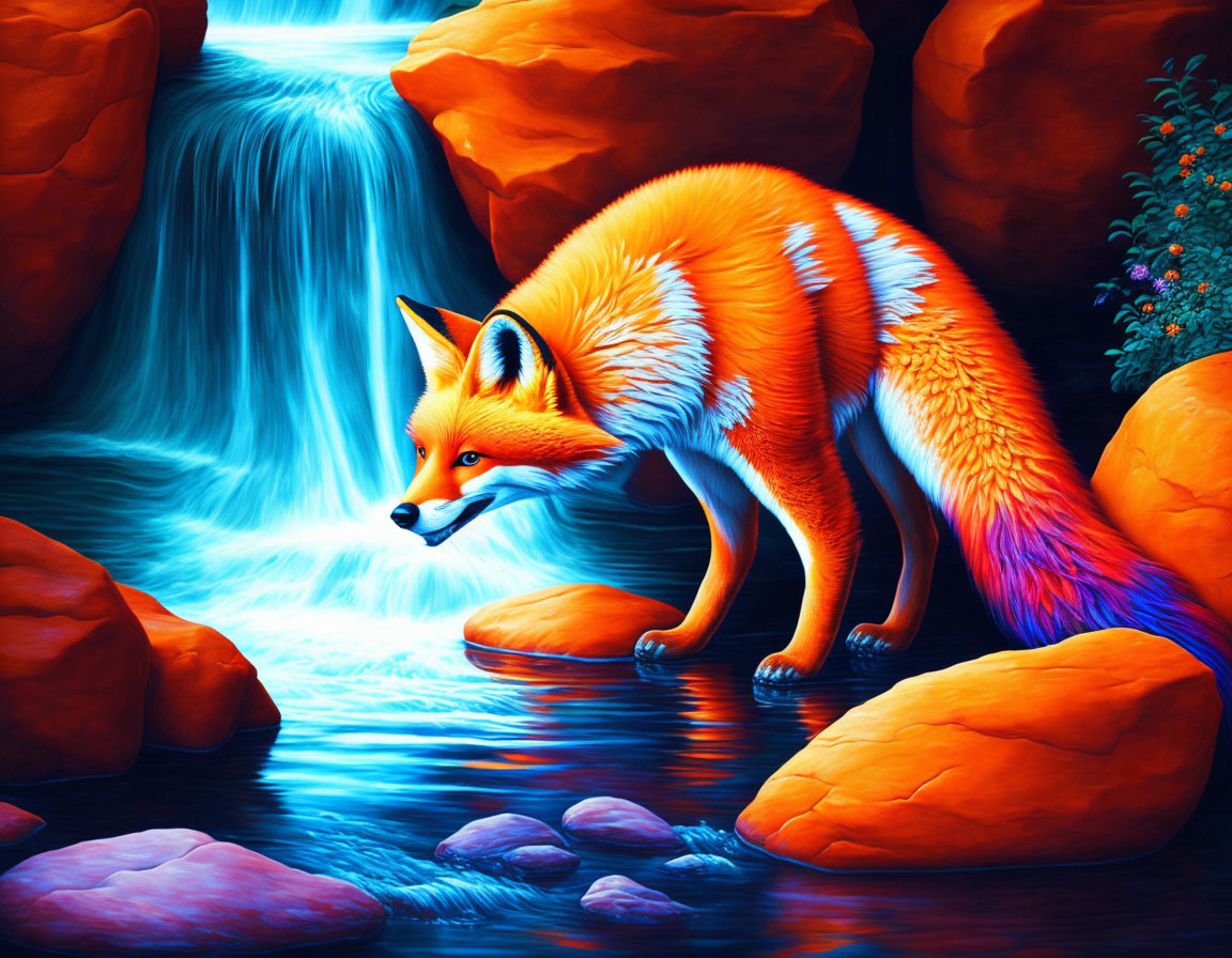 Fox looking for fish in the stream
