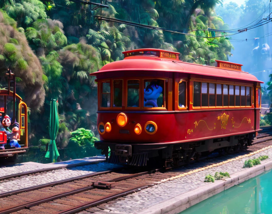 Colorful cartoon characters on red tram in lush greenery by tranquil river