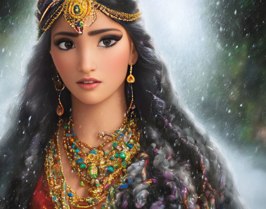Close-Up of Animated Woman with Traditional Jewelry and Colorful Outfit Against Snowy Background