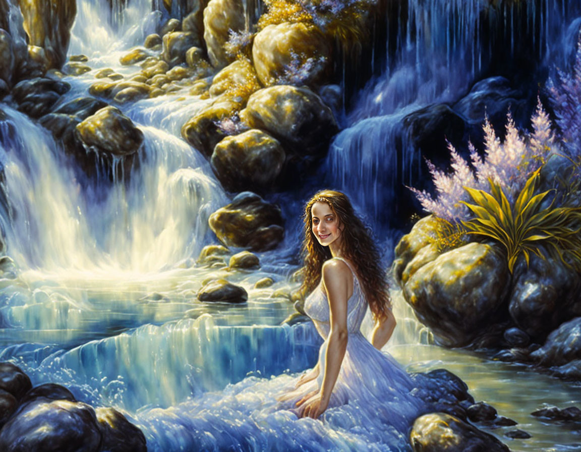  Splendid joyful girl bathing in a waterfall