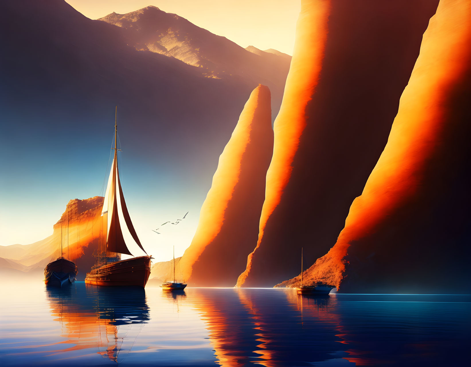 Tranquil sailboat scene with red cliffs, birds, and glowing sunset