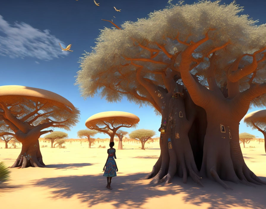Digital art scene: person by baobab tree in savannah with birds
