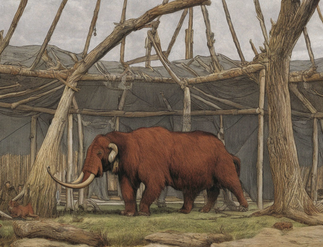 Mammoth with Long Tusks in Wooden Structure with Barren Landscape