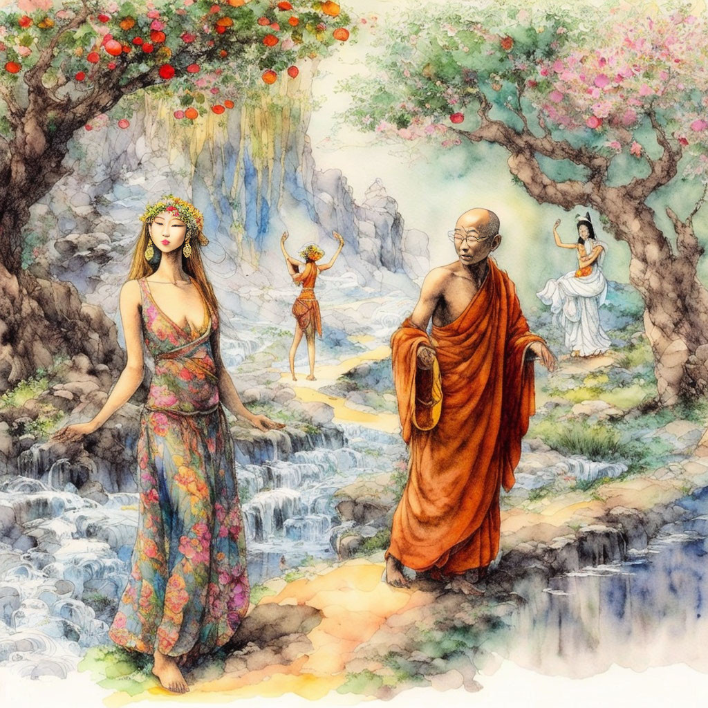 Buddhist monk and a hippy girl in the Paradise 